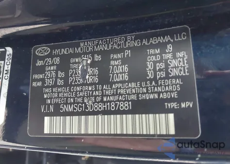 2008 Hyundai Santa Fe Gls z USA, uszkodzony, nr VIN 5NMSG13D88H187881